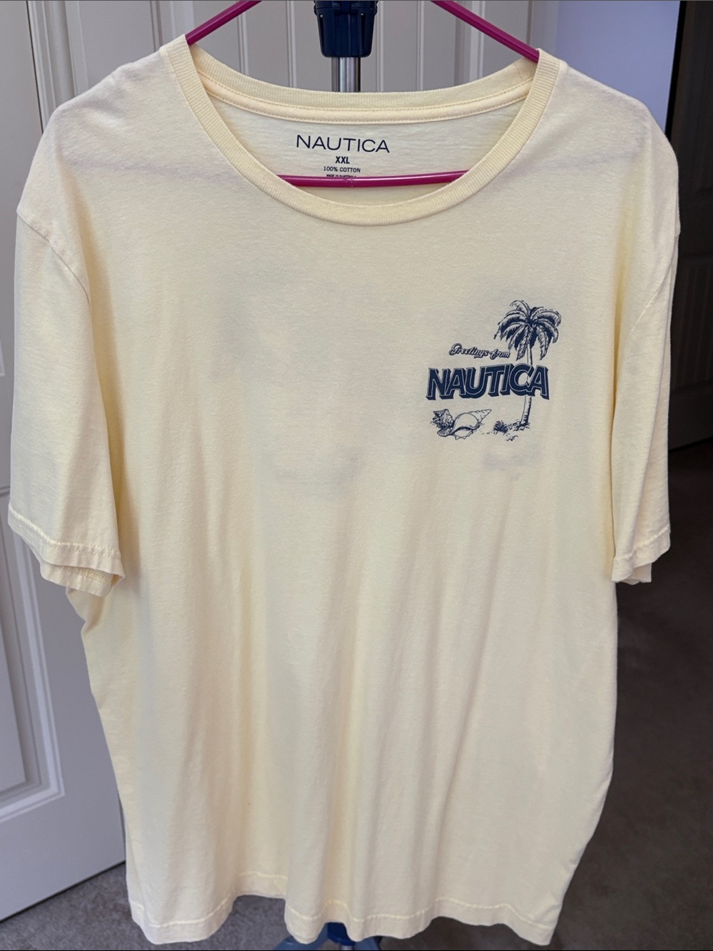 Mens Nautica Pale Yellow Short Sleeve Crewneck T-Shirt with Palm Logo